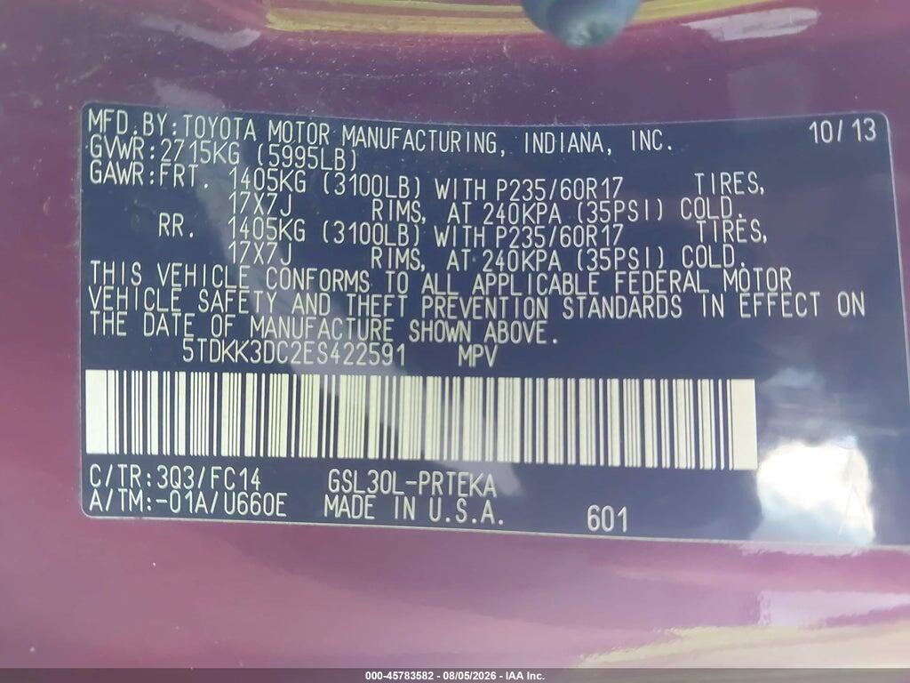 5TDKK3DC2ES422591 2014 TOYOTA SIENNA photo no. 9