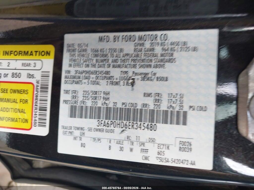 3FA6P0HD6ER345480 2014 FORD FUSION photo no. 9