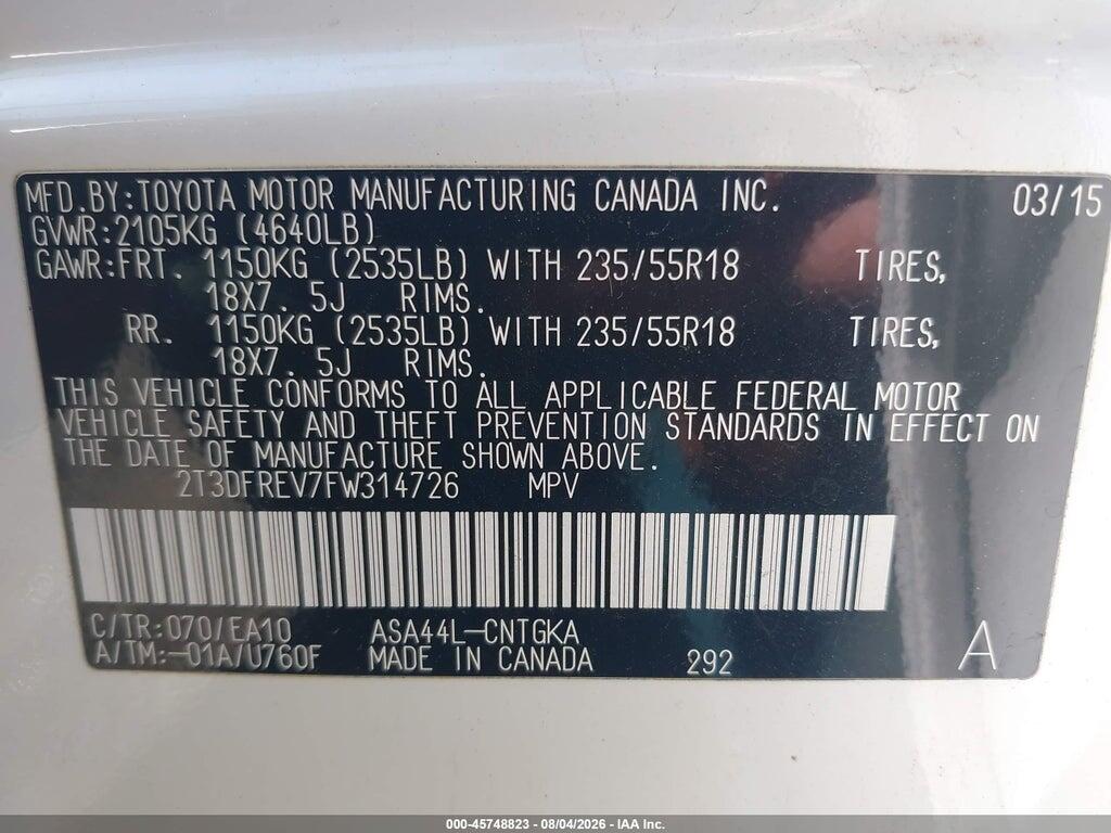 2T3DFREV7FW314726 2015 TOYOTA RAV4 photo no. 9
