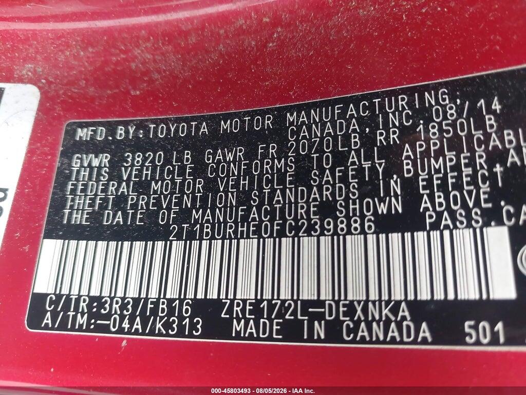 2T1BURHE0FC239886 2015 TOYOTA COROLLA photo no. 9
