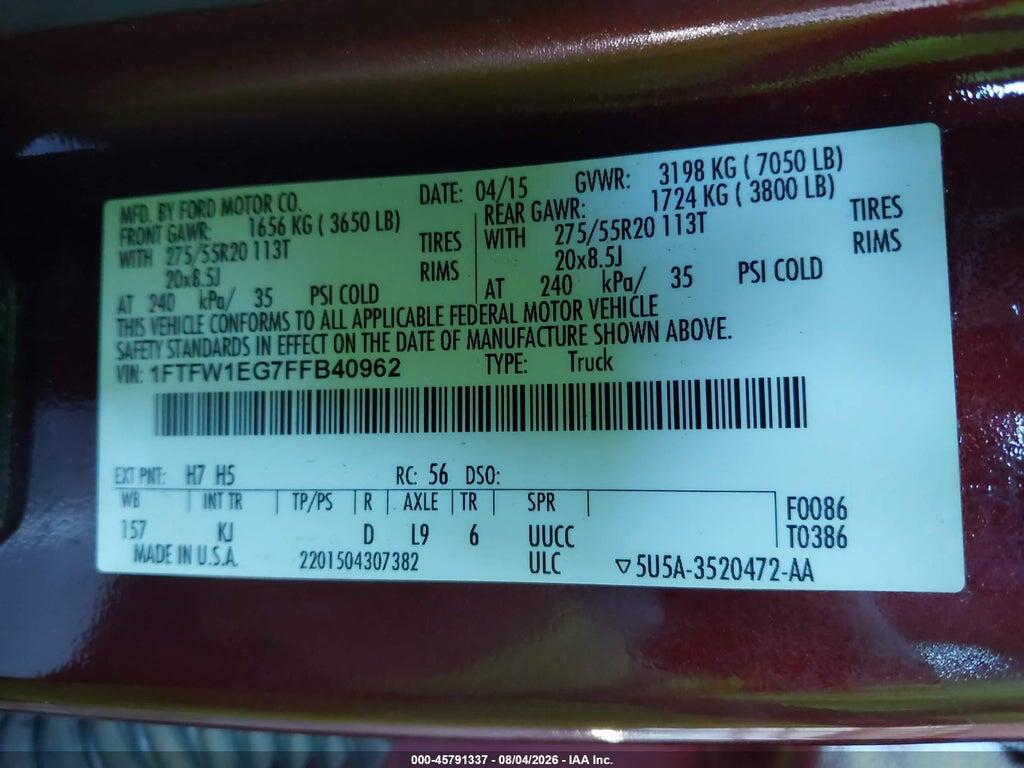 1FTFW1EG7FFB40962 2015 FORD F-150 photo no. 9