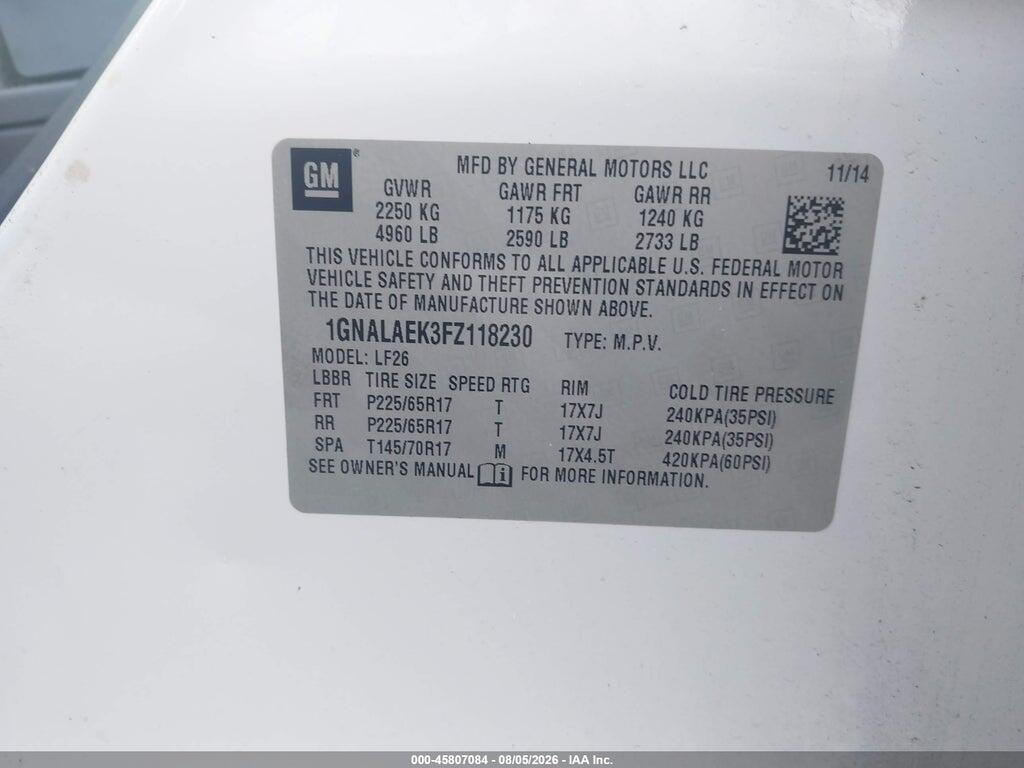 1GNALAEK3FZ118230 2015 CHEVROLET EQUINOX photo no. 9