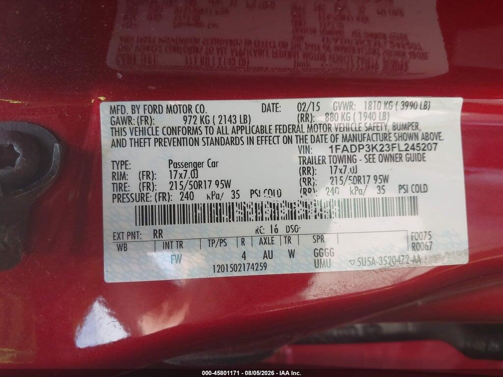 1FADP3K23FL245207 2015 FORD FOCUS photo no. 9