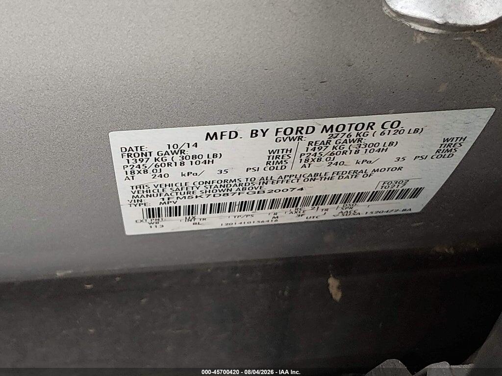 1FM5K7D87FGB20074 2015 FORD EXPLORER photo no. 9