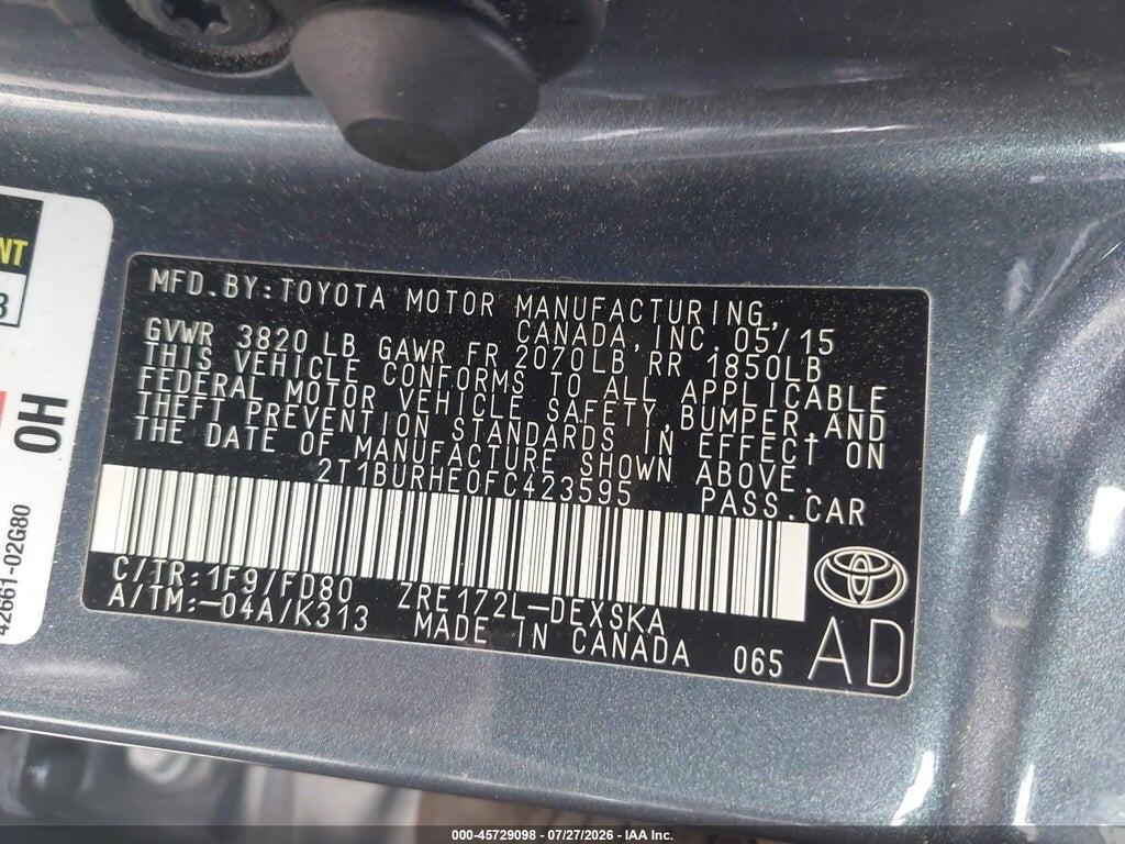 2T1BURHE0FC423595 2015 TOYOTA COROLLA photo no. 9