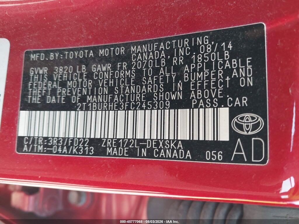 2T1BURHE3FC245309 2015 TOYOTA COROLLA photo no. 9