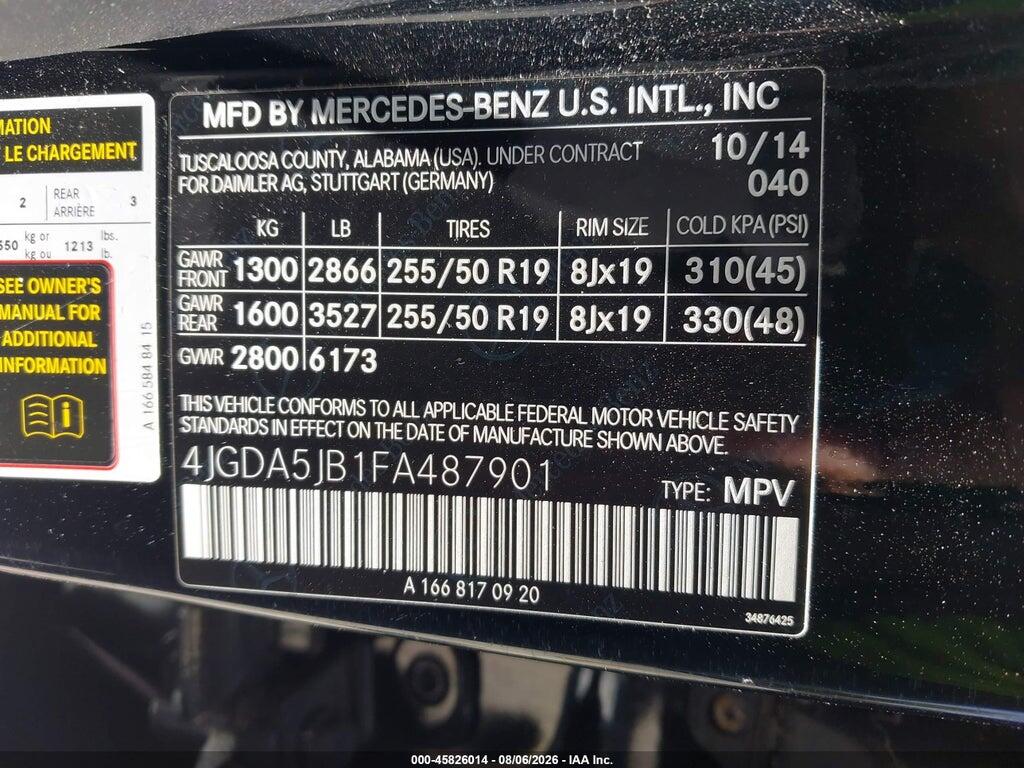4JGDA5JB1FA487901 2015 MERCEDES-BENZ ML 350 photo no. 9