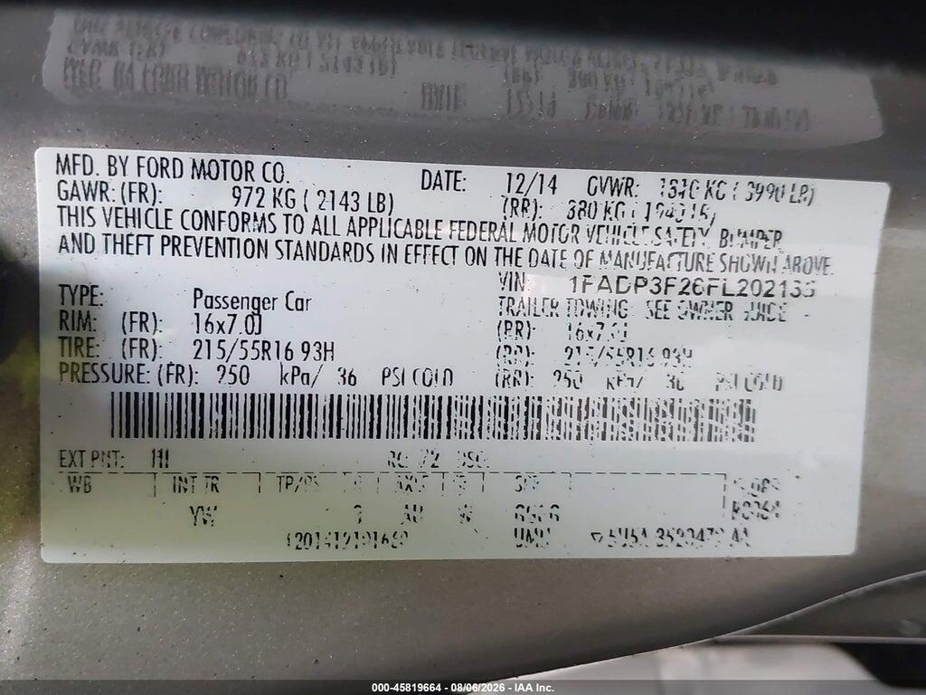 1FADP3F26FL202135 2015 FORD FOCUS photo no. 9