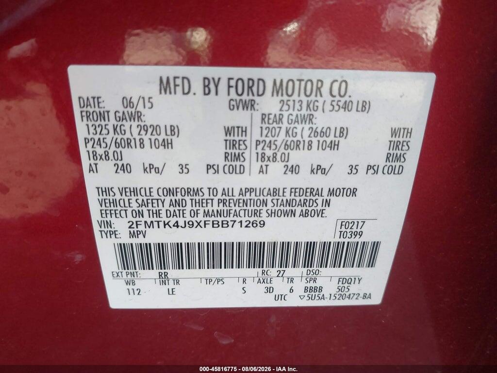 2FMTK4J9XFBB71269 2015 FORD EDGE photo no. 9