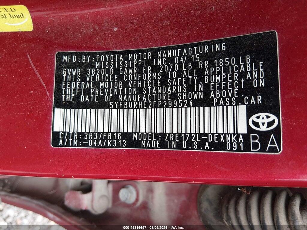 5YFBURHE2FP299524 2015 TOYOTA COROLLA photo no. 9