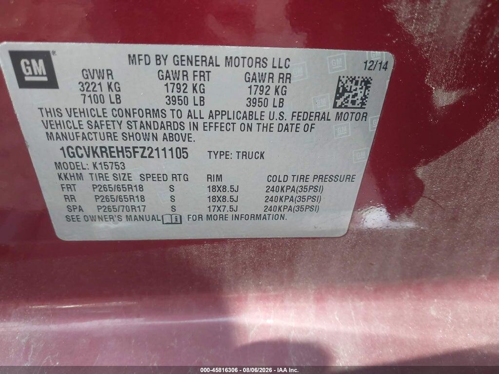 1GCVKREH5FZ211105 2015 CHEVROLET SILVERADO 1500 photo no. 9