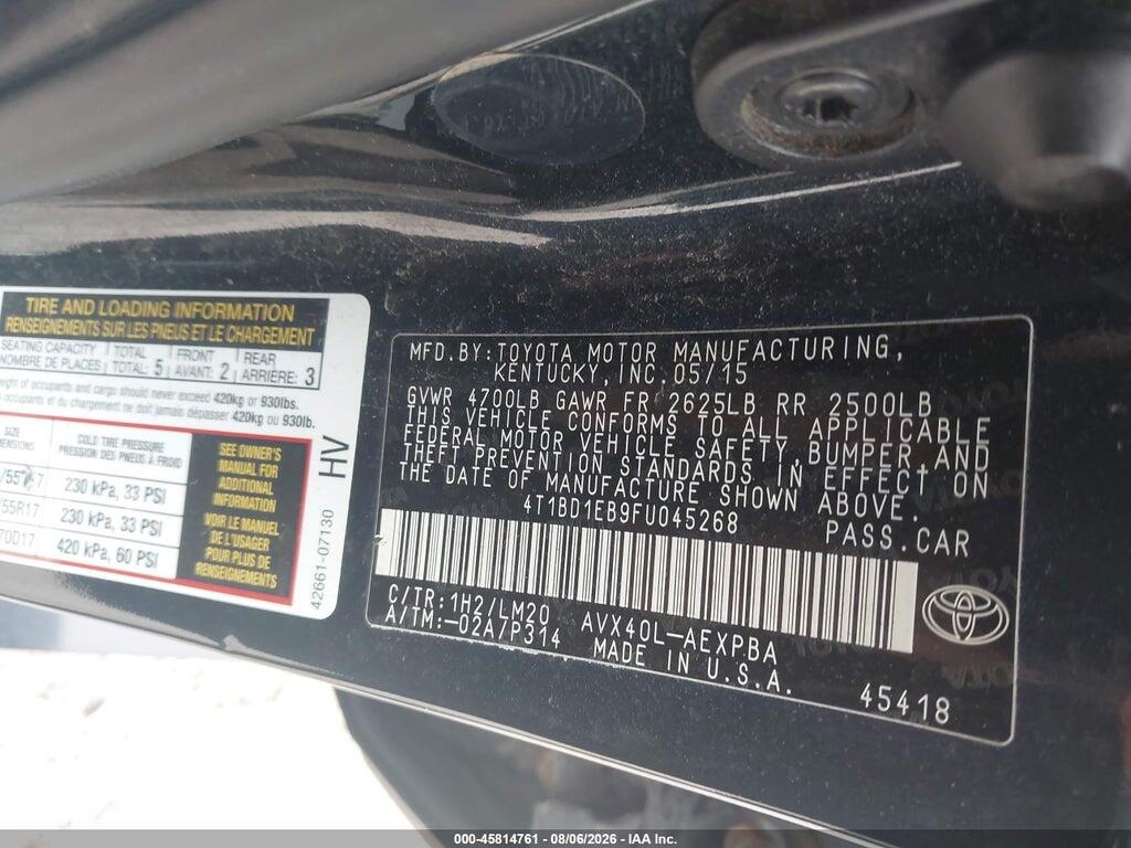 4T1BD1EB9FU045268 2015 TOYOTA AVALON HYBRID photo no. 9