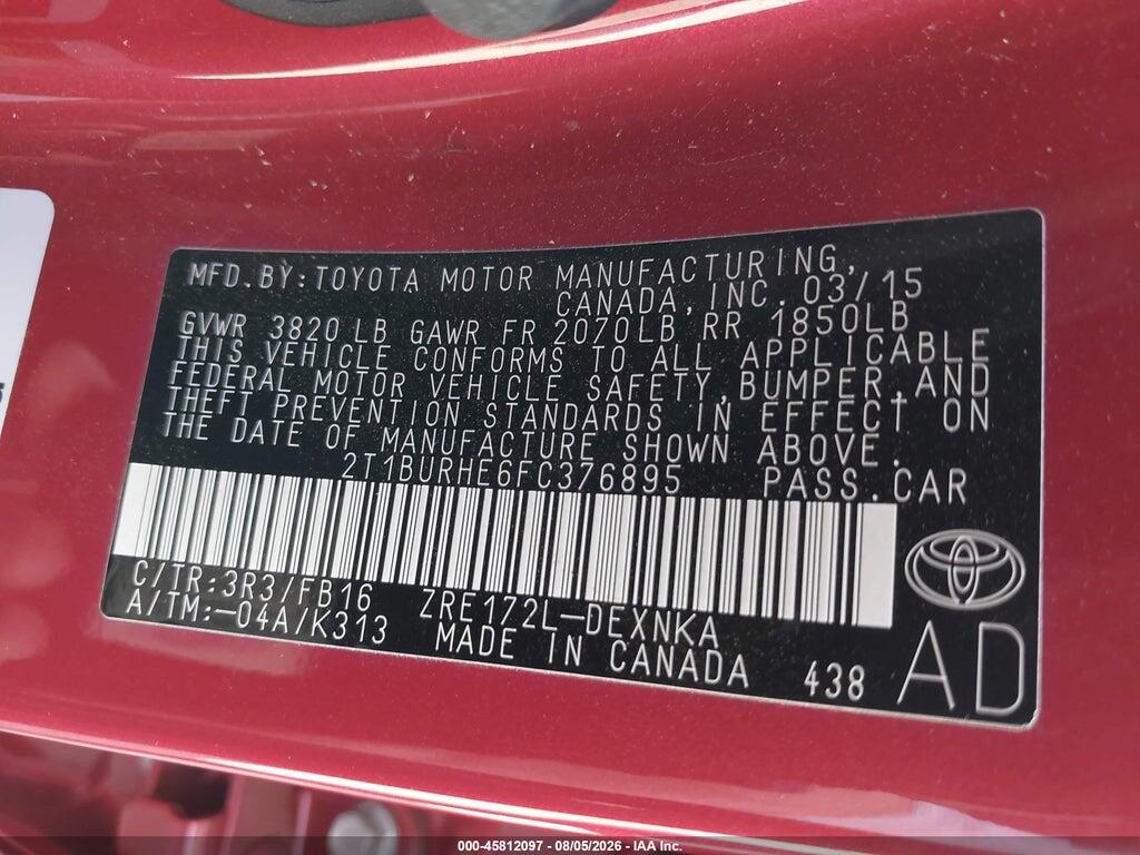 2T1BURHE6FC376895 2015 TOYOTA COROLLA photo no. 9