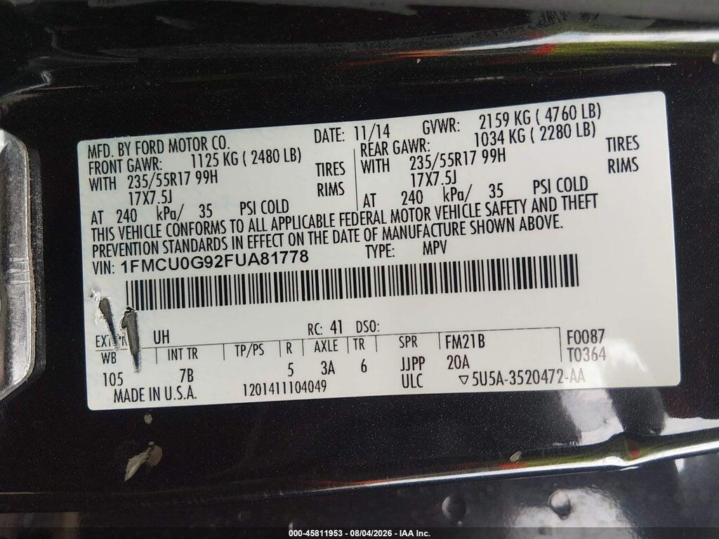 1FMCU0G92FUA81778 2015 FORD ESCAPE photo no. 9