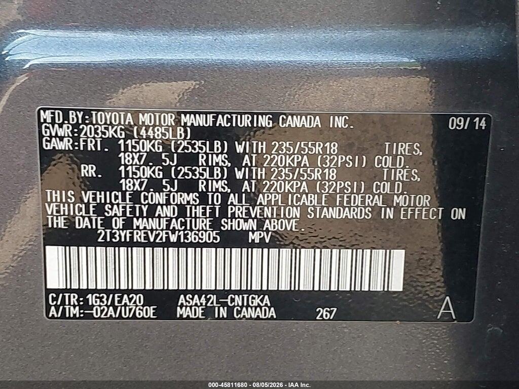 2T3YFREV2FW136905 2015 TOYOTA RAV4 photo no. 9