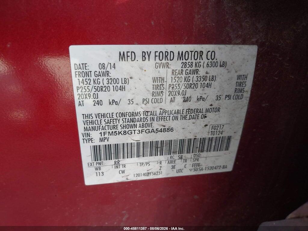 1FM5K8GT3FGA54886 2015 FORD EXPLORER photo no. 9