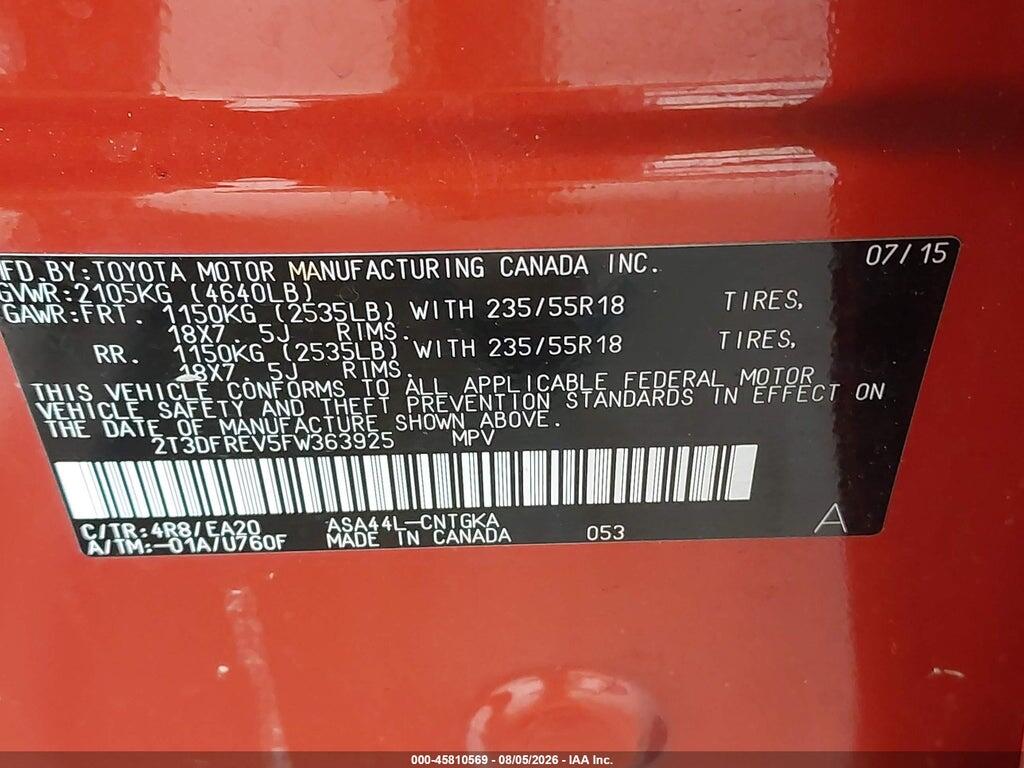 2T3DFREV5FW363925 2015 TOYOTA RAV4 photo no. 9