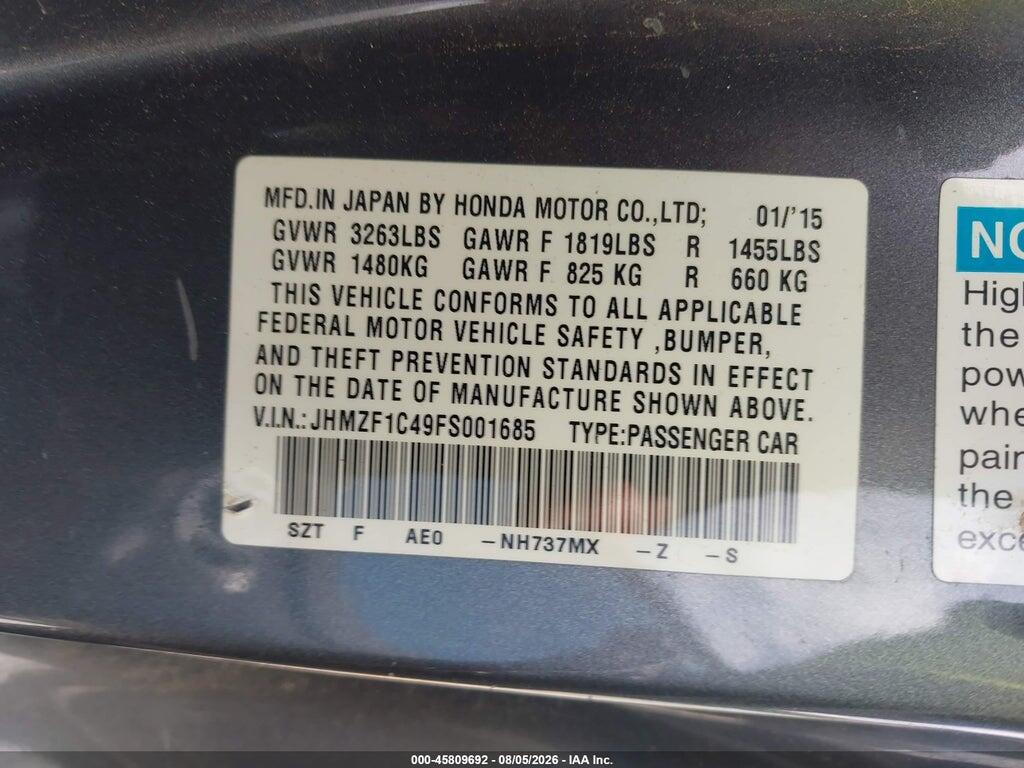 JHMZF1C49FS001685 2015 HONDA CR-Z photo no. 9