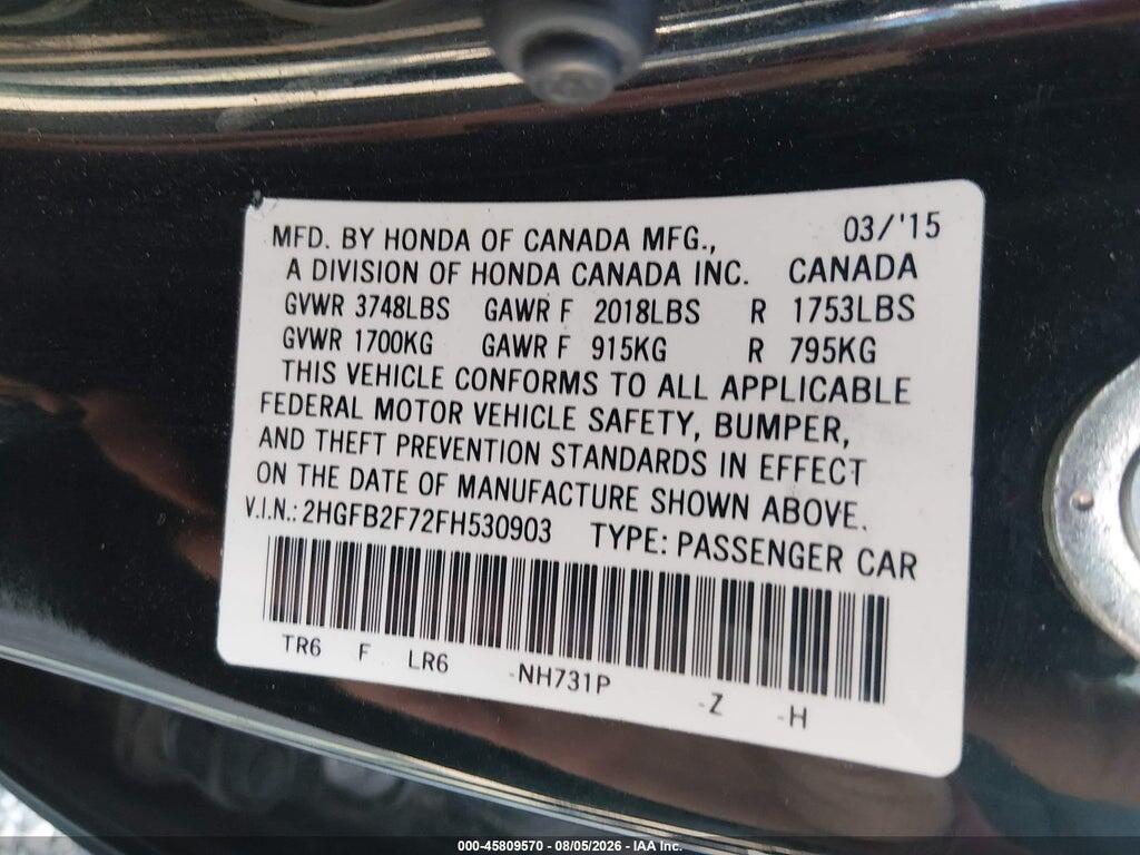 2HGFB2F72FH530903 2015 HONDA CIVIC photo no. 9