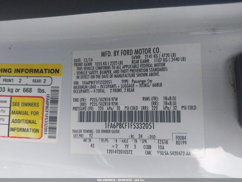 1FA6P8CF1F5332051 2015 FORD MUSTANG photo no. 9
