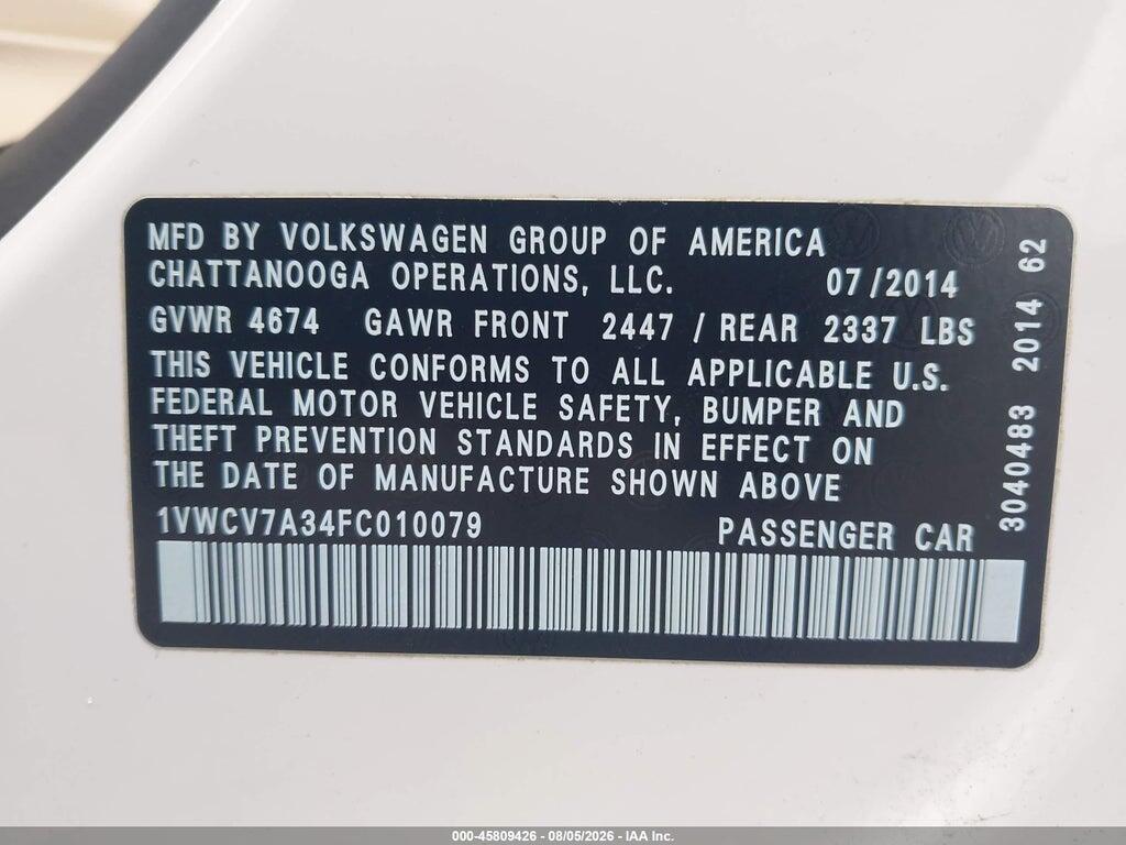 1VWCV7A34FC010079 2015 VOLKSWAGEN PASSAT photo no. 9