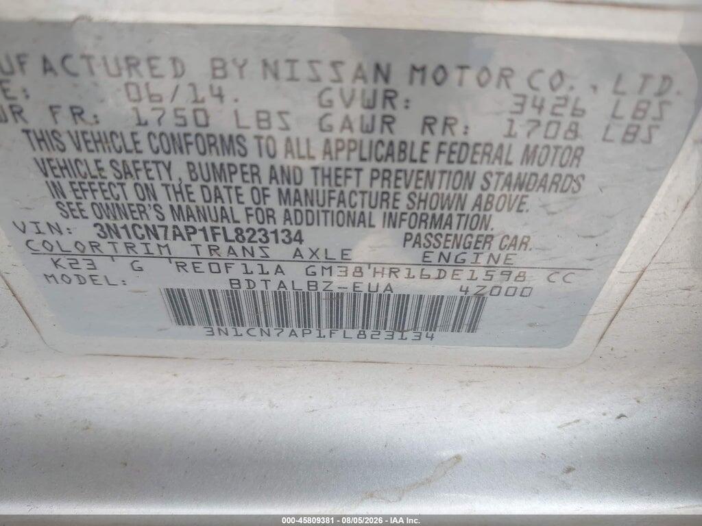 3N1CN7AP1FL823134 2015 NISSAN VERSA photo no. 9