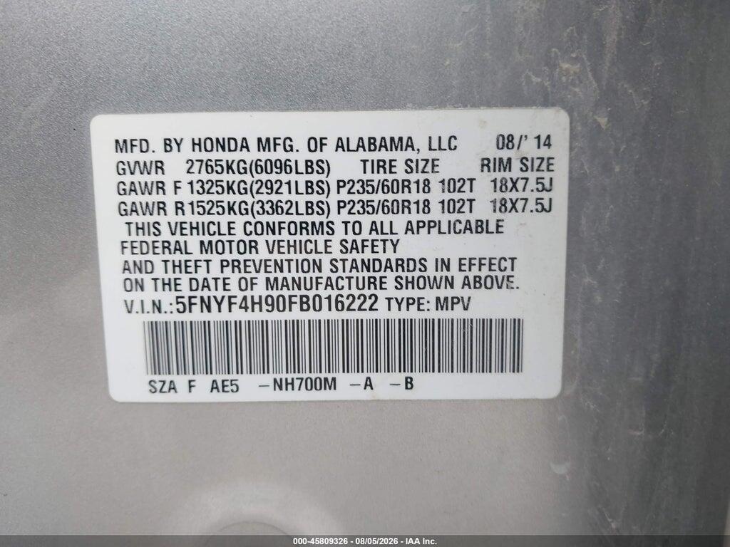 5FNYF4H90FB016222 2015 HONDA PILOT photo no. 9