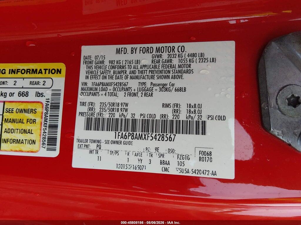 1FA6P8AMXF5428567 2015 FORD MUSTANG photo no. 9
