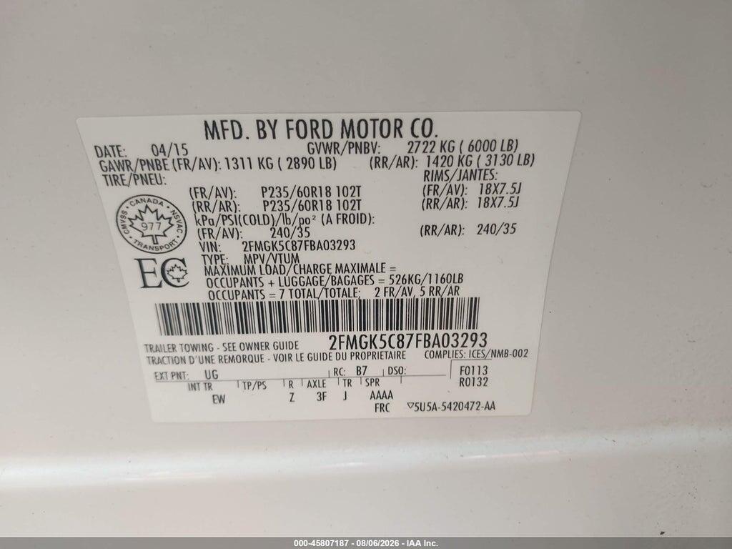 2FMGK5C87FBA03293 2015 FORD FLEX photo no. 9