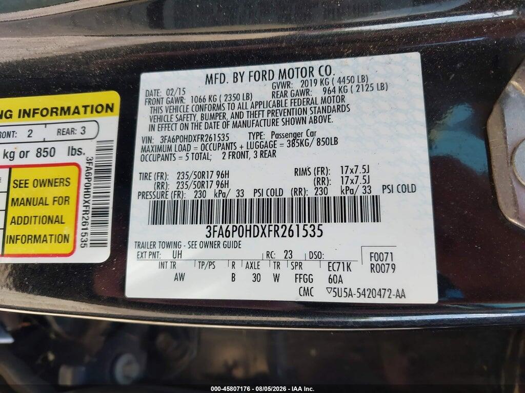3FA6P0HDXFR261535 2015 FORD FUSION photo no. 9