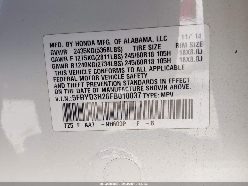 5FRYD3H26FB010037 2015 ACURA MDX photo no. 9