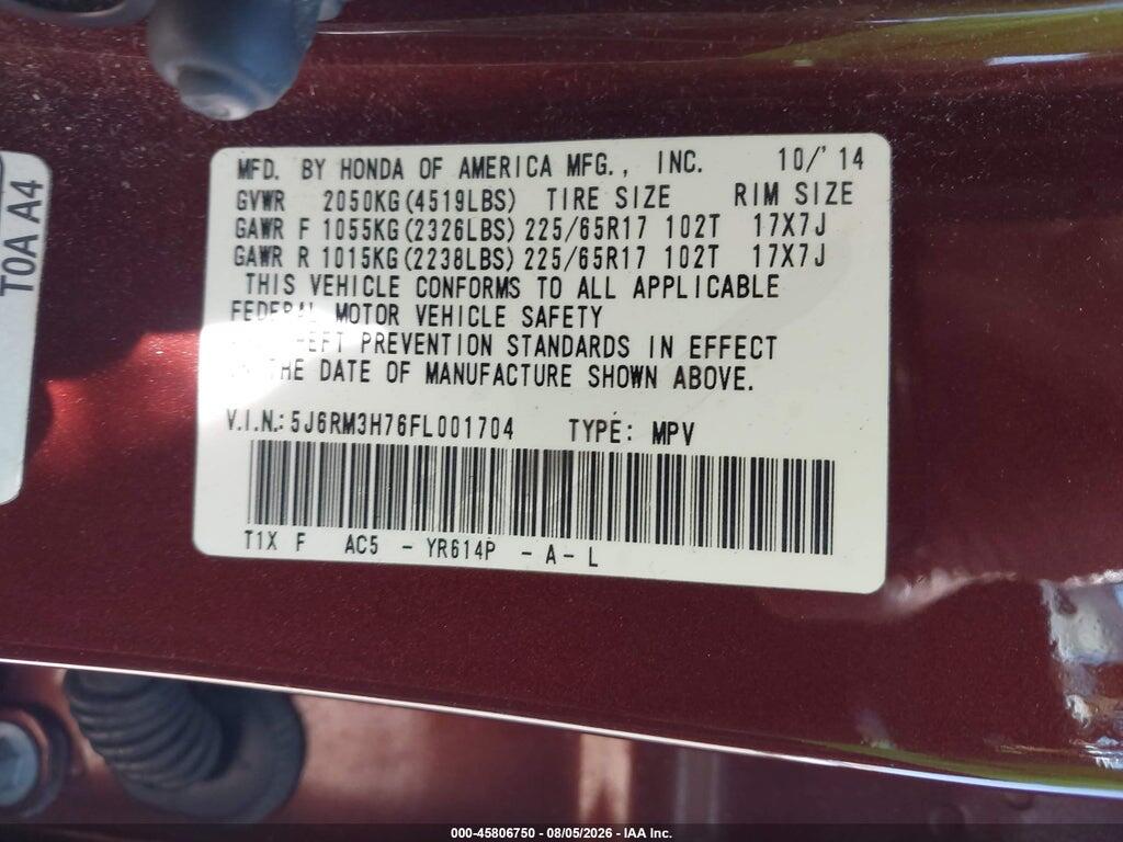 5J6RM3H76FL001704 2015 HONDA CR-V photo no. 9