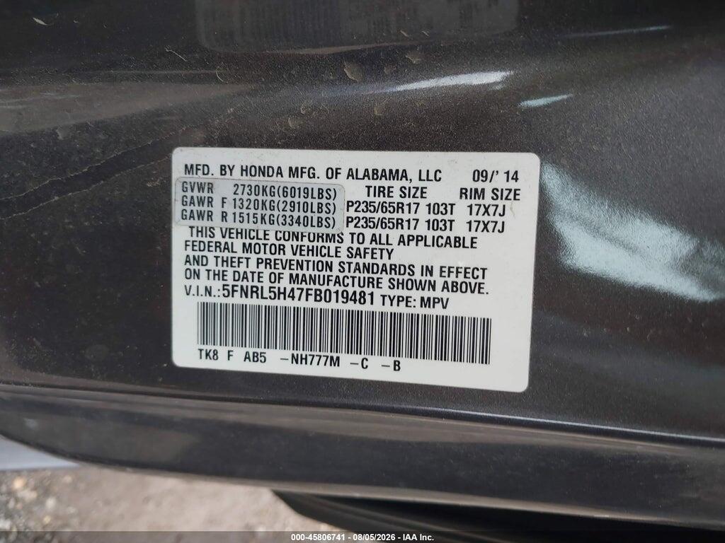 5FNRL5H47FB019481 2015 HONDA ODYSSEY photo no. 9
