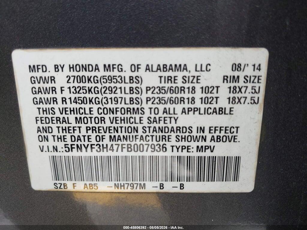 5FNYF3H47FB007936 2015 HONDA PILOT photo no. 9