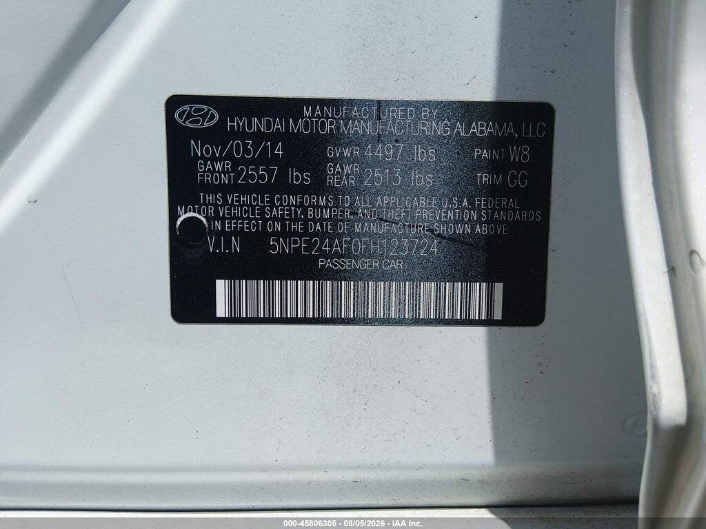 5NPE24AF0FH123724 2015 HYUNDAI SONATA photo no. 9