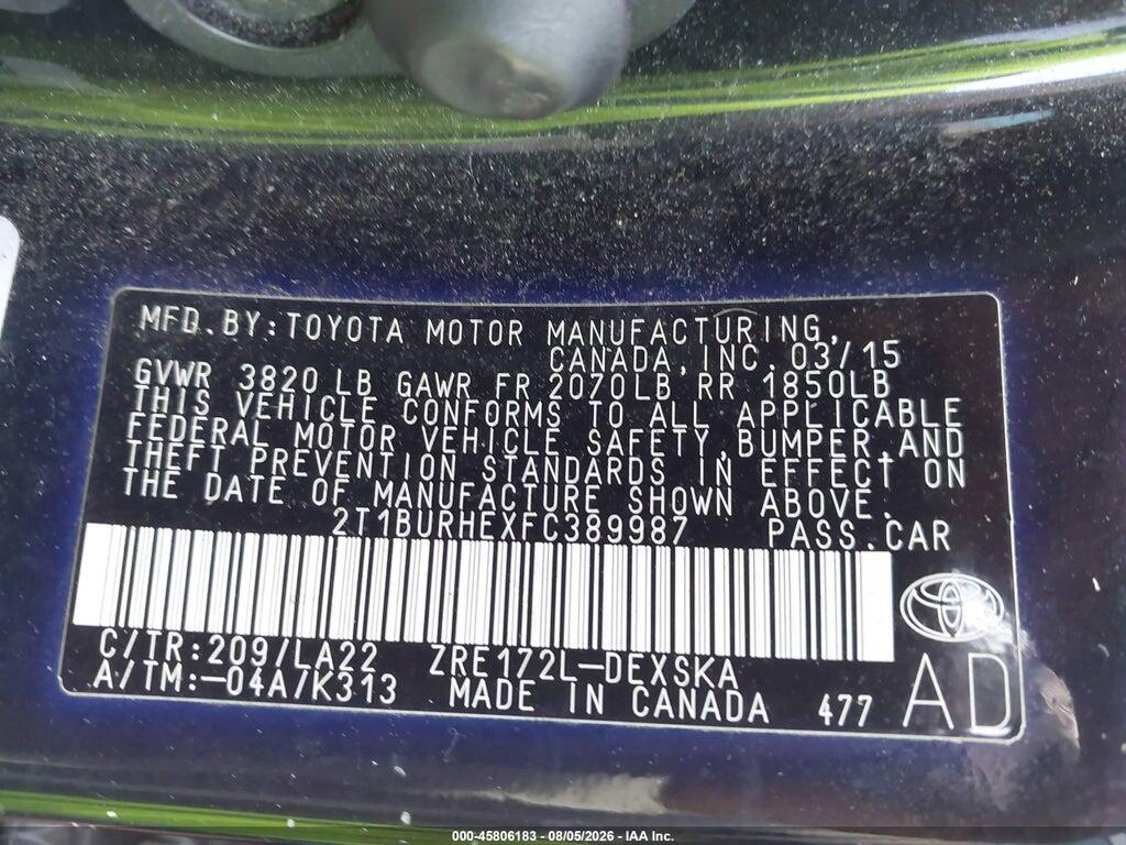 2T1BURHEXFC389987 2015 TOYOTA COROLLA photo no. 9