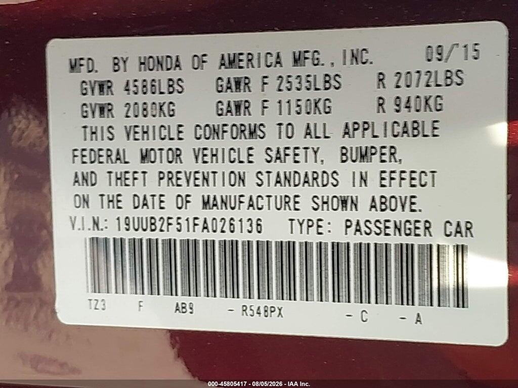 19UUB2F51FA026136 2015 ACURA TLX photo no. 9