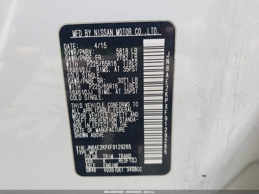 JN8AE2KPXF9129285 2015 NISSAN QUEST photo no. 9