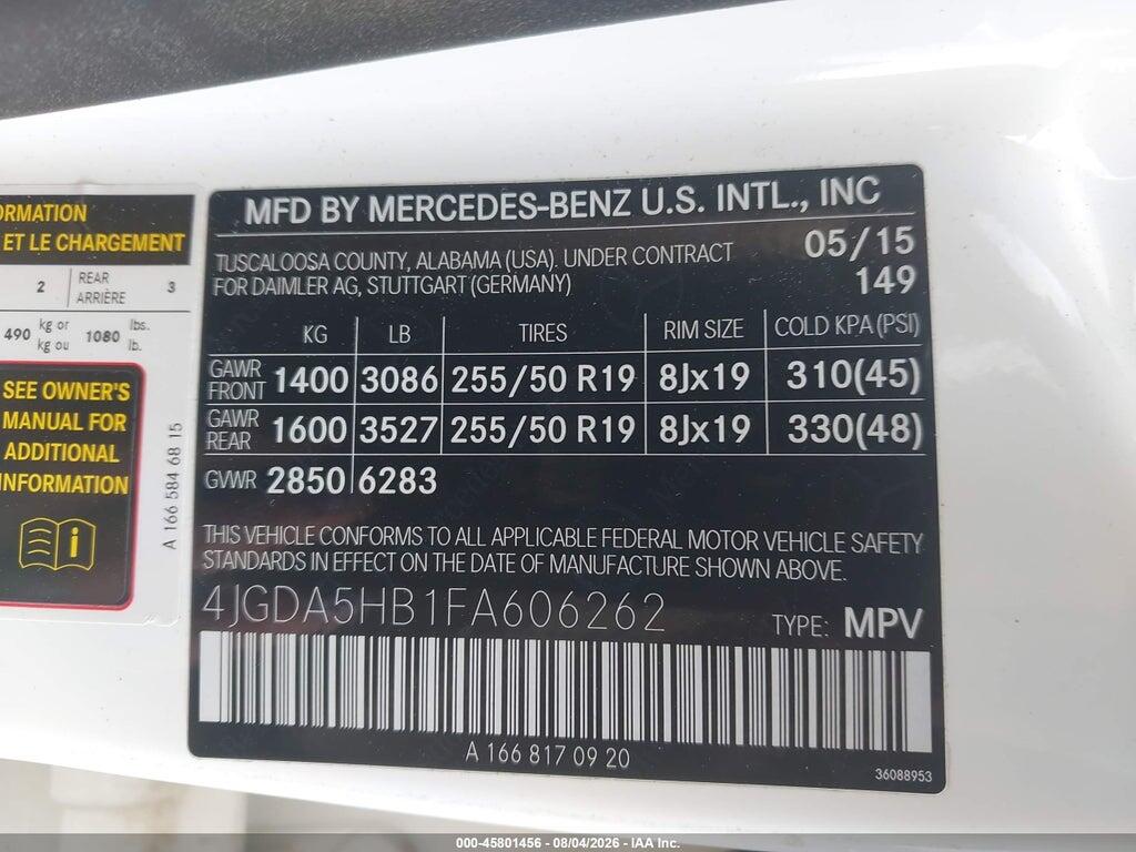 4JGDA5HB1FA606262 2015 MERCEDES-BENZ ML 350 photo no. 9