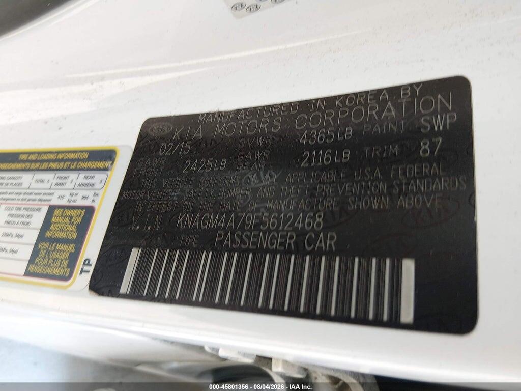 KNAGM4A79F5612468 2015 KIA OPTIMA photo no. 9