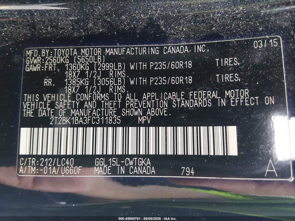 2T2BK1BA3FC311835 2015 LEXUS RX 350 photo no. 9