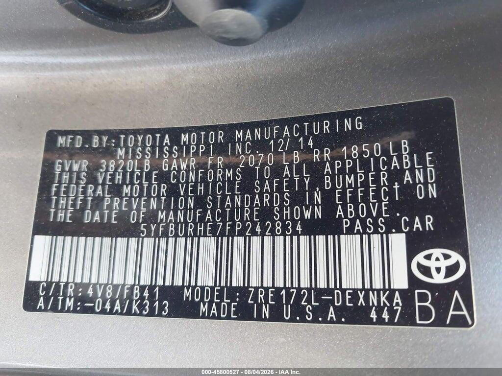 5YFBURHE7FP242834 2015 TOYOTA COROLLA photo no. 9