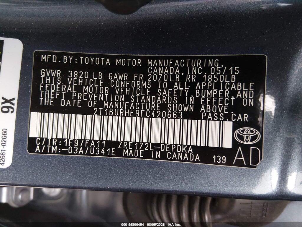 2T1BURHE9FC420663 2015 TOYOTA COROLLA photo no. 9
