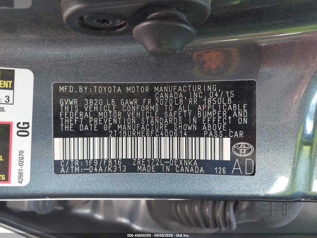 2T1BURHE6FC400614 2015 TOYOTA COROLLA photo no. 9