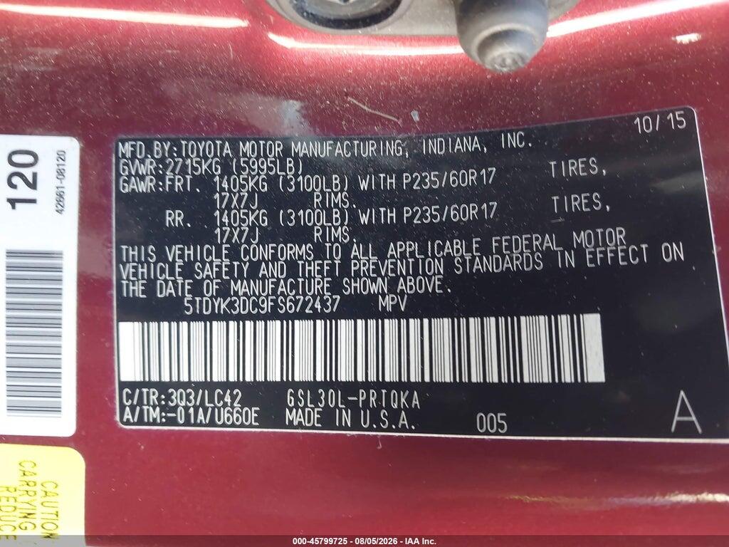 5TDYK3DC9FS672437 2015 TOYOTA SIENNA photo no. 9