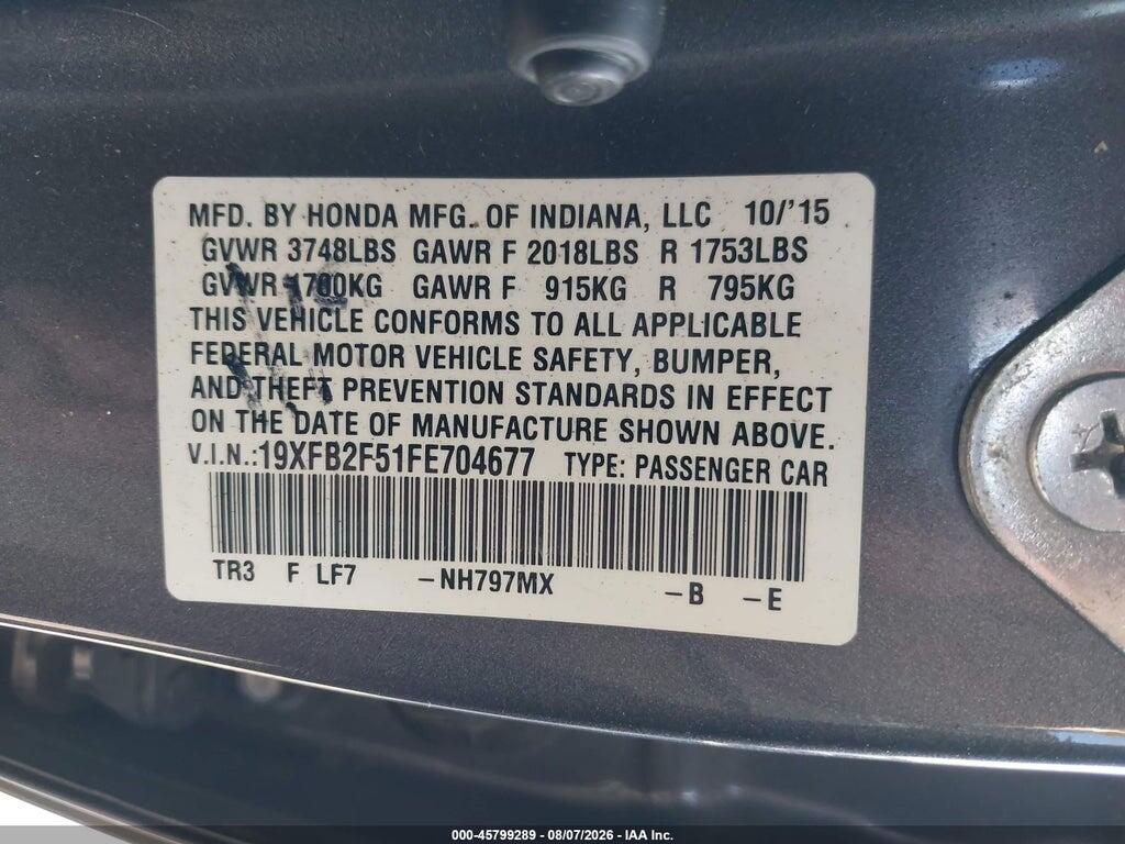 19XFB2F51FE704677 2015 HONDA CIVIC photo no. 9