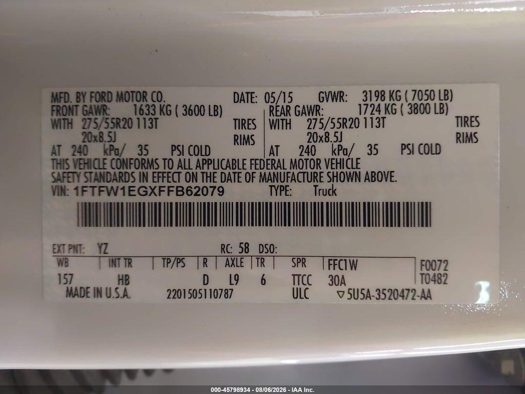 1FTFW1EGXFFB62079 2015 FORD F-150 photo no. 9