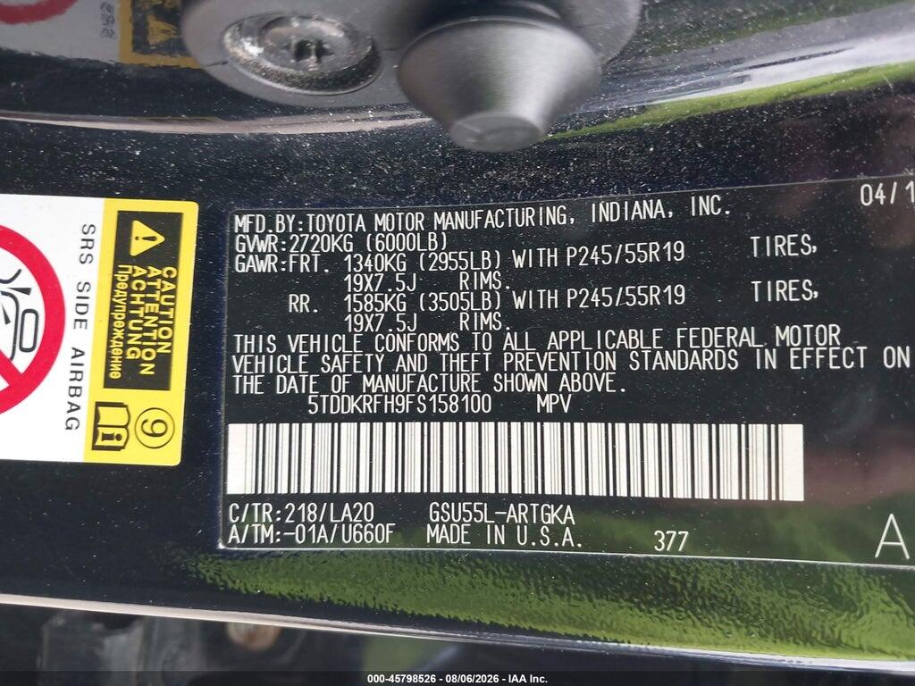 5TDDKRFH9FS158100 2015 TOYOTA HIGHLANDER photo no. 9