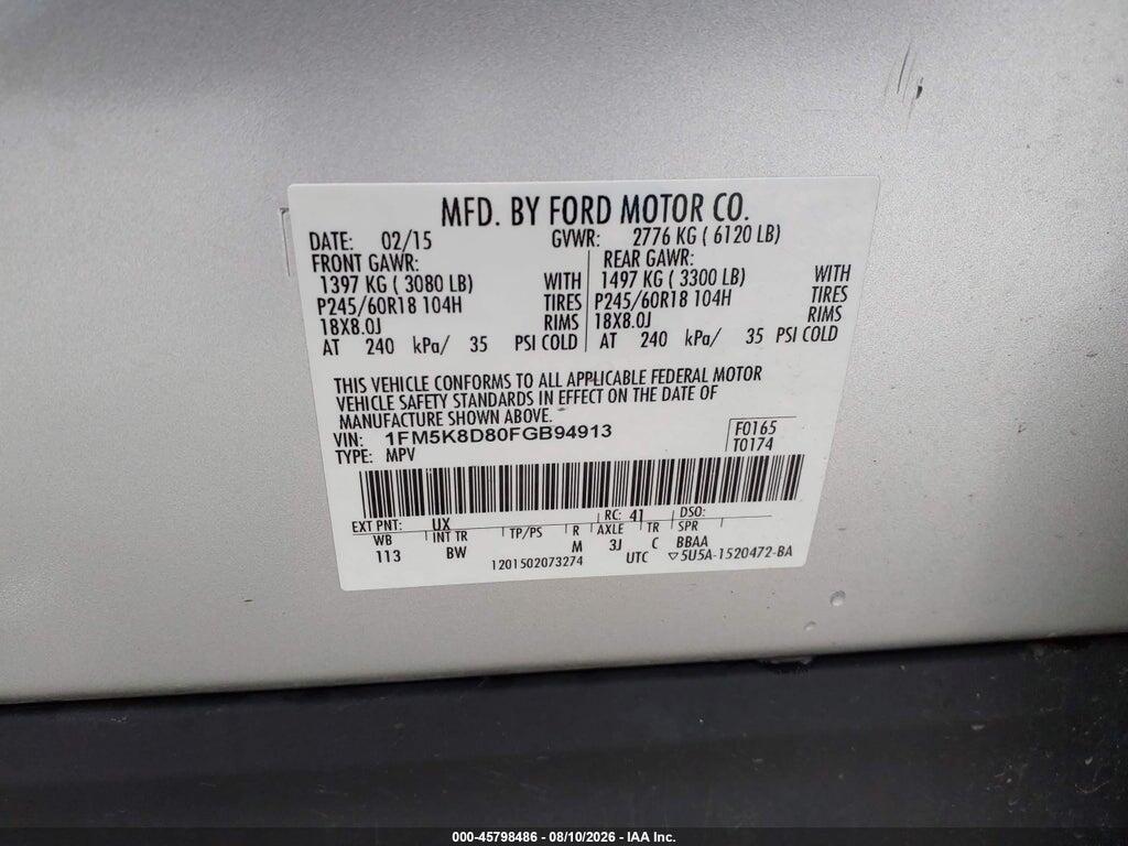 1FM5K8D80FGB94913 2015 FORD EXPLORER photo no. 9