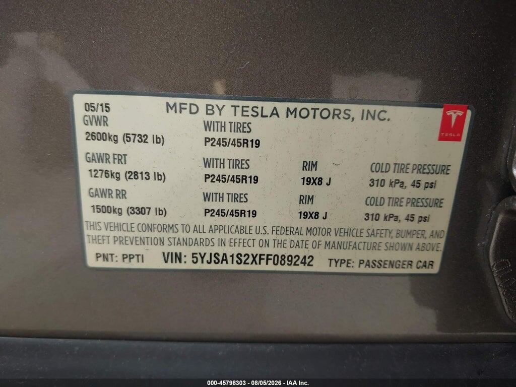 5YJSA1S2XFF089242 2015 TESLA MODEL S photo no. 9